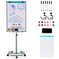 Costway Height-Adjustable Mobile Whiteboard with Round Stand Paper Clips-Green -