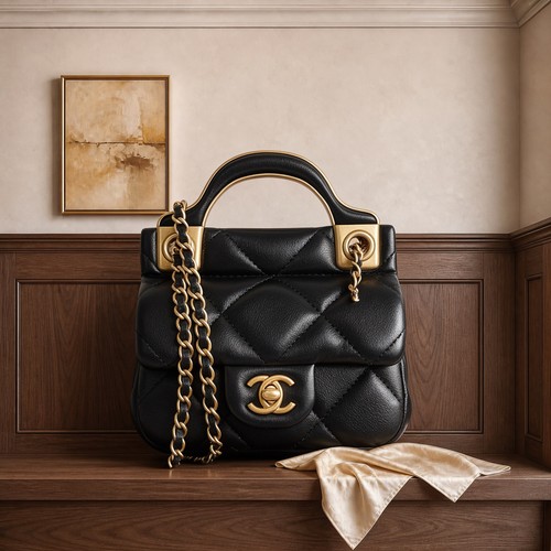 Chanel Mini Flap Bag Top Handle Black Lambskin Gold HW Chain Crossbody Auth