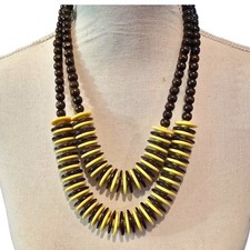 Vintage Necklace Yellow Brown Wood Bead Disc Chunky Layered Boho 23" SKU 2286