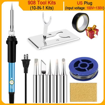 60W Adjustable Temp Electric Soldering Iron Kit - 10pc Welding Pen Set 110V US