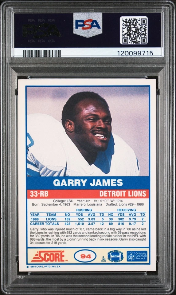1989 Score #94 Garry James PSA 7 NM-MT – Detroit Lions Football - Image 2 of 2