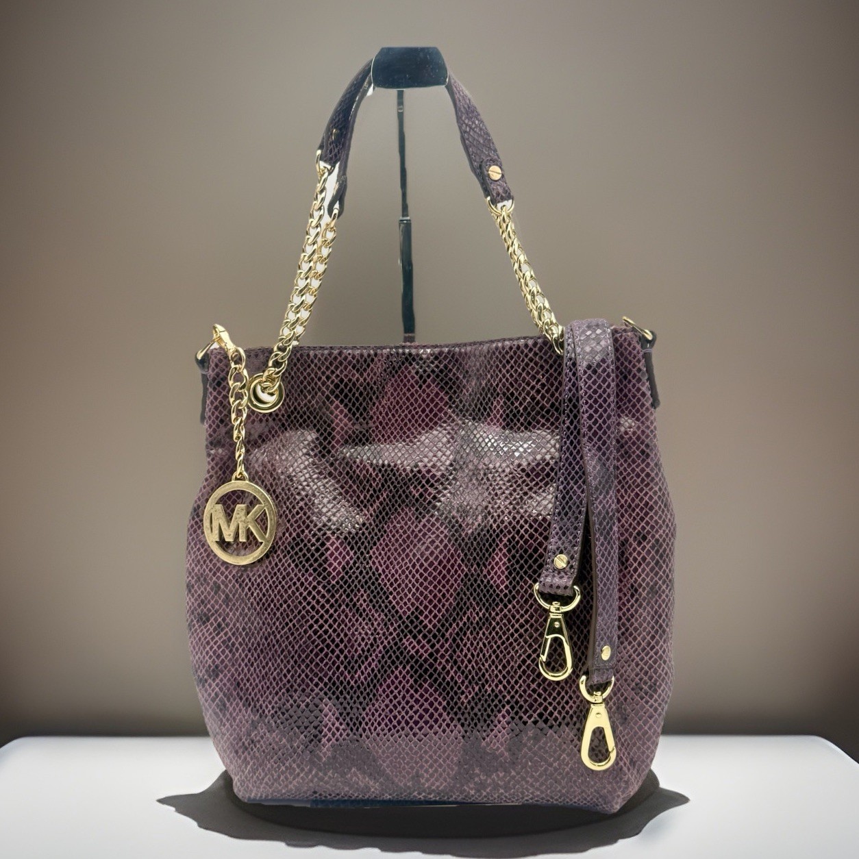 Purple  Python Embossed Leather Chain Shoulder To… - image 1
