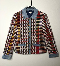 ecru Multicolor Tweed Mixed Media Blazer Jacket with Denim Trim Size Small
