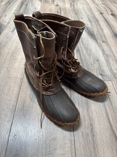 L.L. Bean Brown Leather Duck Boots L 9 Raw Hide Lace-Up Waterproof Outdoor Hunti
