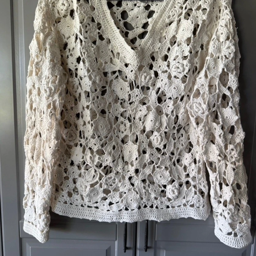 Suéter Express Tricot Tejido a Mano Vintage Años 90 Floral Manga Larga,Crema,M Foto 4 de 4