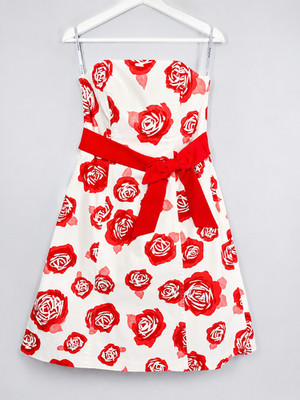 M&S Autograph Strapless Coral Rose Print Prom Dress Bow Belt UK 12 Occasion