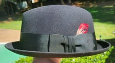 ROYAL STETSON VINTAGE BLACK FEDORA MEN'S HAT BLACK BAND FEATHER 7-3/8 EXC COND