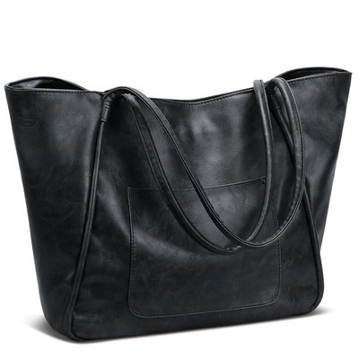 Large Leather Tote Bag for Women - Zipper Travel Purse - Black