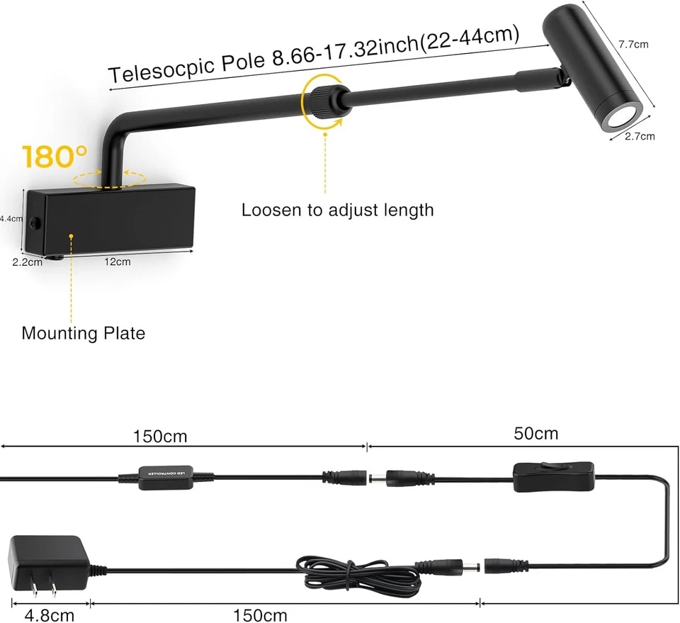 Picture Light for Wall with Retractable Arm, Rotatable Indoor Spotlight Plug in - Image 2 of 4