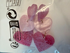 Pink Hearts Dangle Drop Earrings - Sparkle 2 Tone 2 inch Length Love Heart