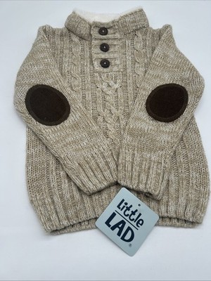 Little Lad Cable Knit Sweater- 24 Months Beige Fleece Lined Button Collar