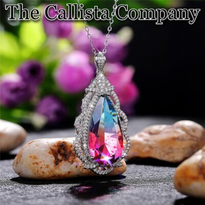 CALLISTA CO. LAB-CREATED 4.24 CT BLUE/RED 3A+CZ SILVER TEARDROP PENDANT NECKLACE