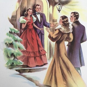 Vintage-Early-Mid-Century-Christmas-Greeting-Card-Couples-Ladies-Pretty-Dresses