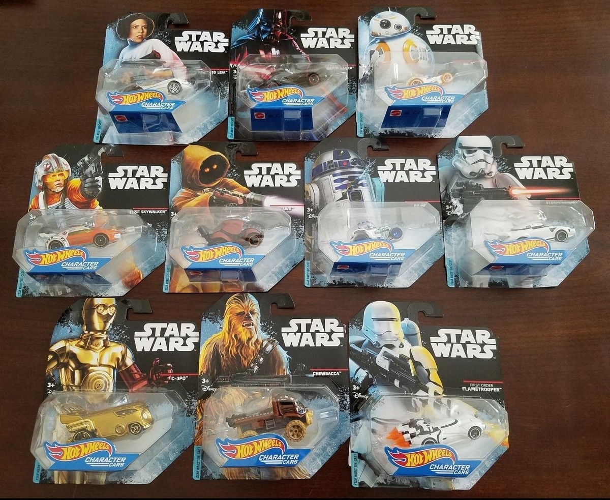 10 Hot Wheels STAR WARS Die-Cast Character Cars Vader, BB-8, Leia
