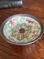 Pewter Encased Japanese Porcelain Bowl  W/ Mulberry  Character  Hong Kong TFF!