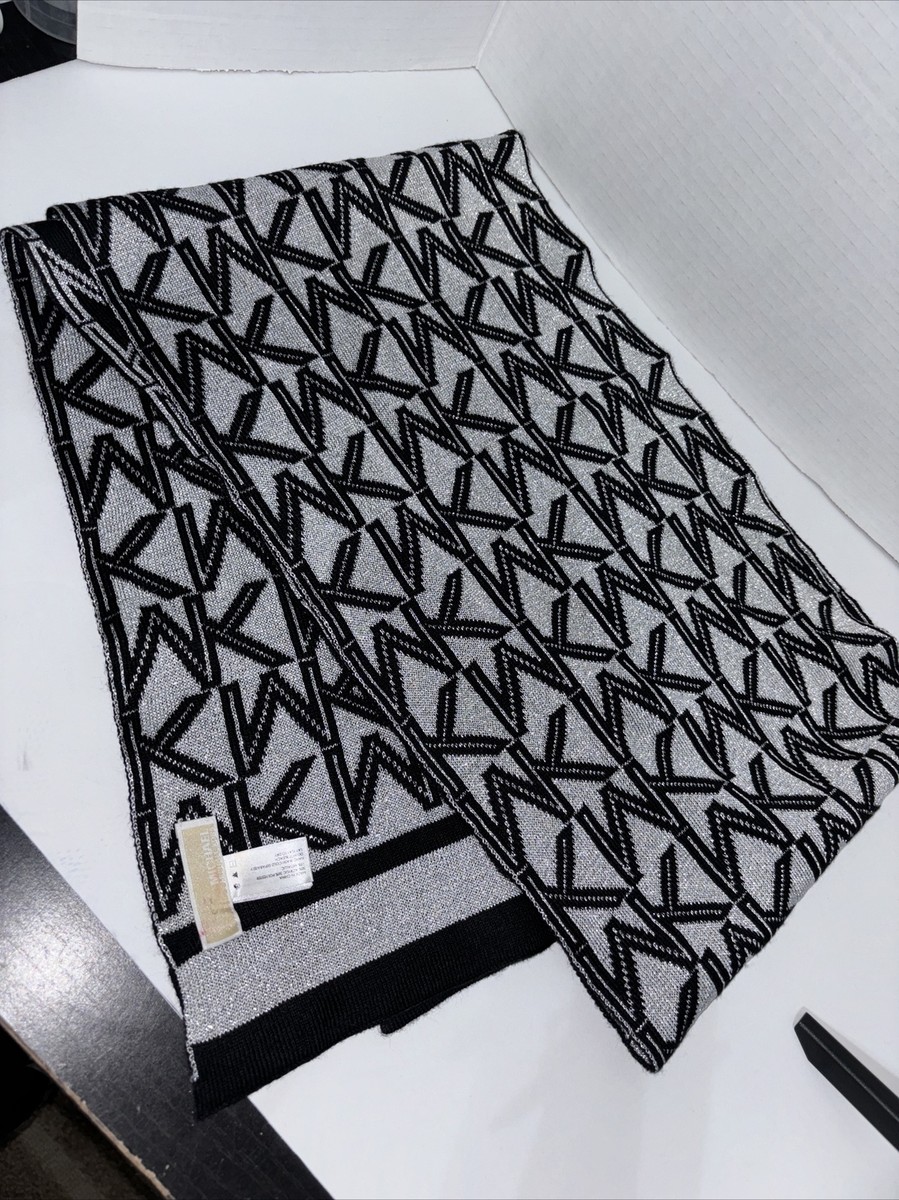 Michael Michael Kors Black/ Silver Knit Infinity Scarf Reversible MK Logo