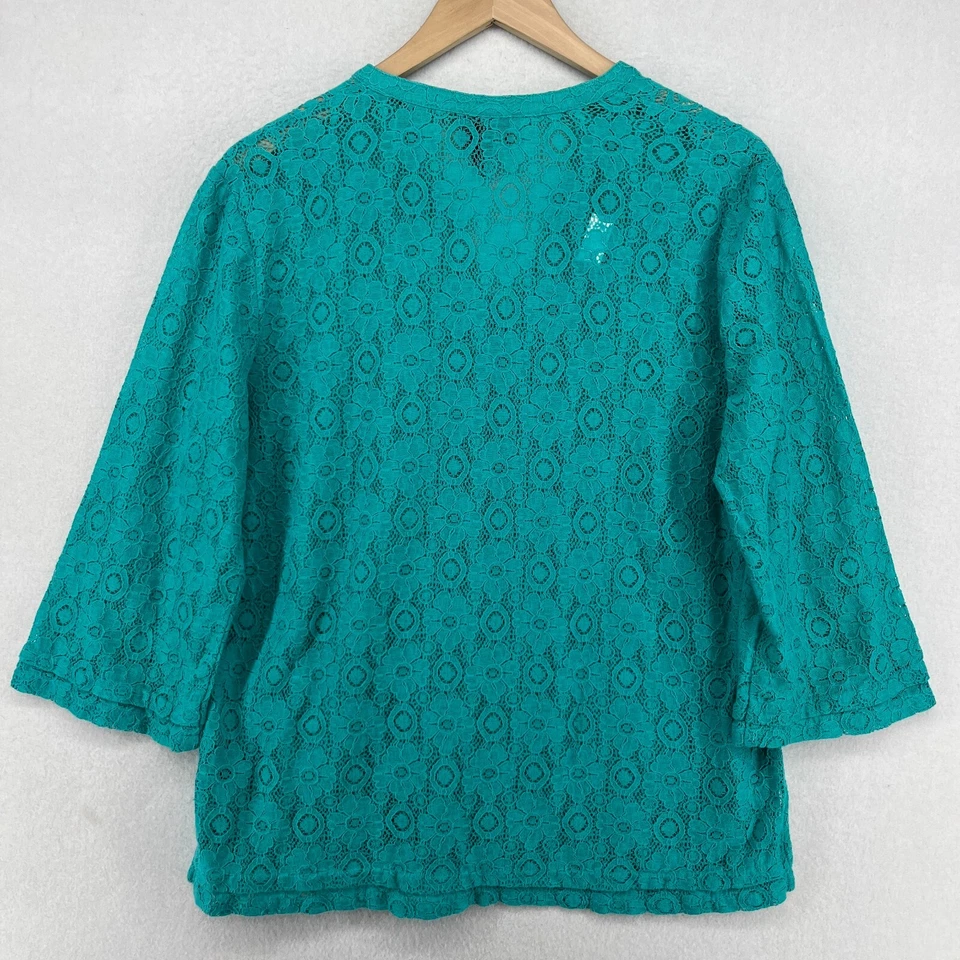 Top NICOLE MILLER L Encaje Floral Transparente Cuello en V Mezcla de Algodón Manga 3/4 Verde Foto 2 de 4