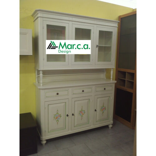 VETRINA DISPENSA CRISTALLIERA 3 PORTE BIANCO DECORATO ARTE POVERA FIORI - Photo 3 sur 4