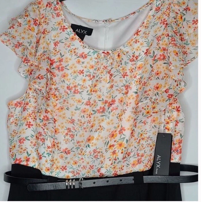 Abito tubino ALYX nero 14 corallo floreale manica corta con volant cintura zip vendita al dettaglio $74