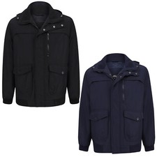 Mens Shower Proof Hooded Jacket Ribbed Collared Lined Winter Warm Zip Up Coat 