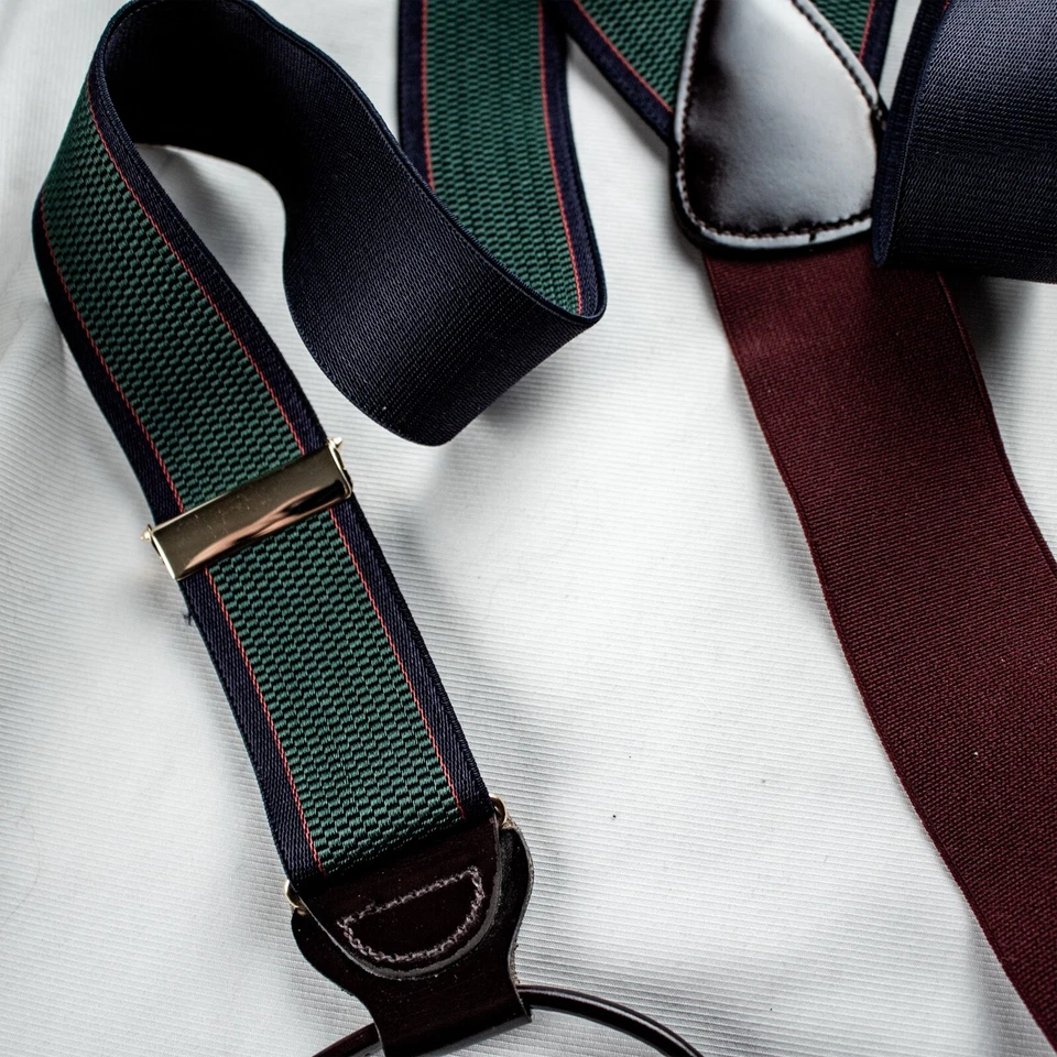 TRAFALGAR 全新绿色勃艮第蓝色条纹皮革织物纽扣环吊带 — 第 3/4 张图片