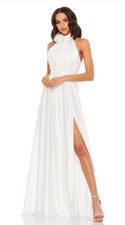 New Mac Duggal Rosette Halter Neck Chiffon Evening Gown In White Satin Sz 8 $398