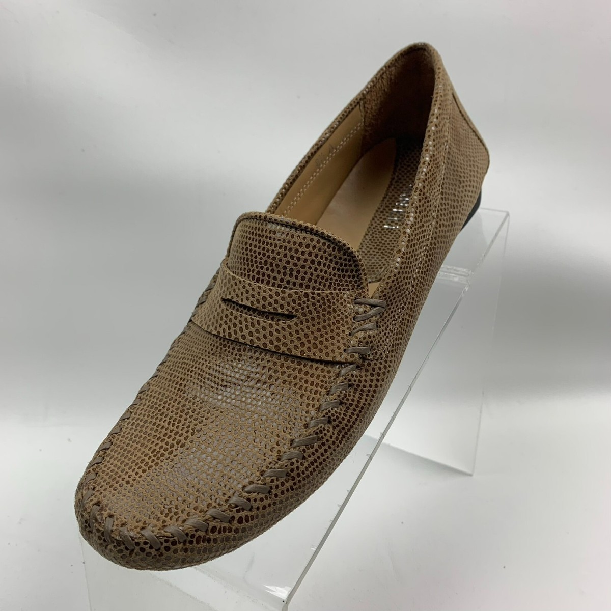 Van Eli Driving Penny Loafers Taupe Leather Snake Print Moc Toe Shoes Size 
