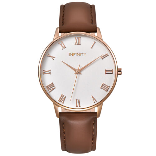 Infinity NB 06 Pearlwhite & Rosegold Women Minimalist Watch - Brown Leather Belt - Picture 1 of 4