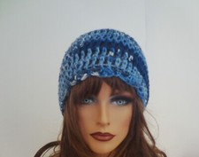 BLUE MULTI COLOR BEANIE CAP HAT HAND CROCHET BERET SKULL CAP CLOCHE TAM