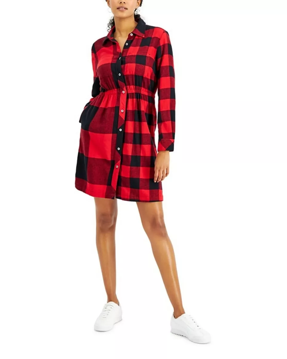 Style Co Women s Cotton Mixed Plaid Flannel Dress Fire Deep