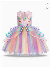 Barbie Princess Halloween Costume Girls Unicorn Frilled Rainbow Mesh Hem New 3-4