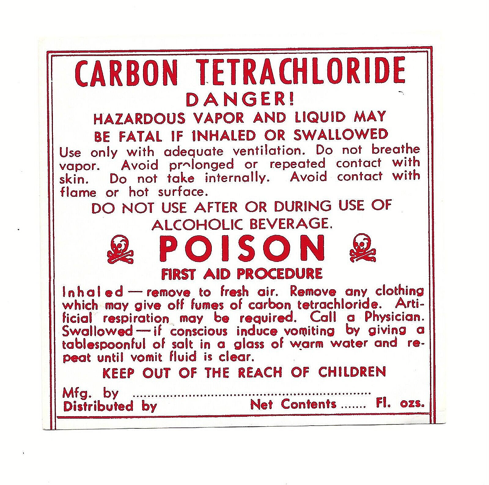 VINTAGE PHARMACY/DRUG STORE POISON LABEL~CARBON TETRACHLORIDE/SKULL ...
