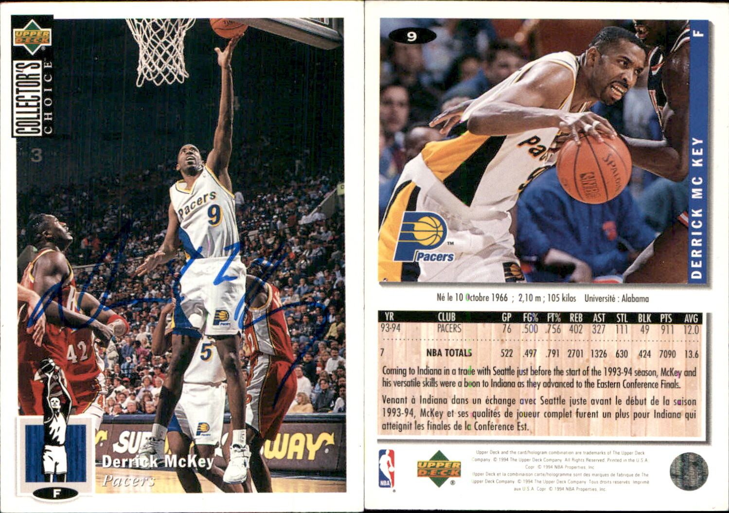 Derrick McKey Signed 1994-95 Collector's Choice #9 Card Indiana Pacers Auto AU
