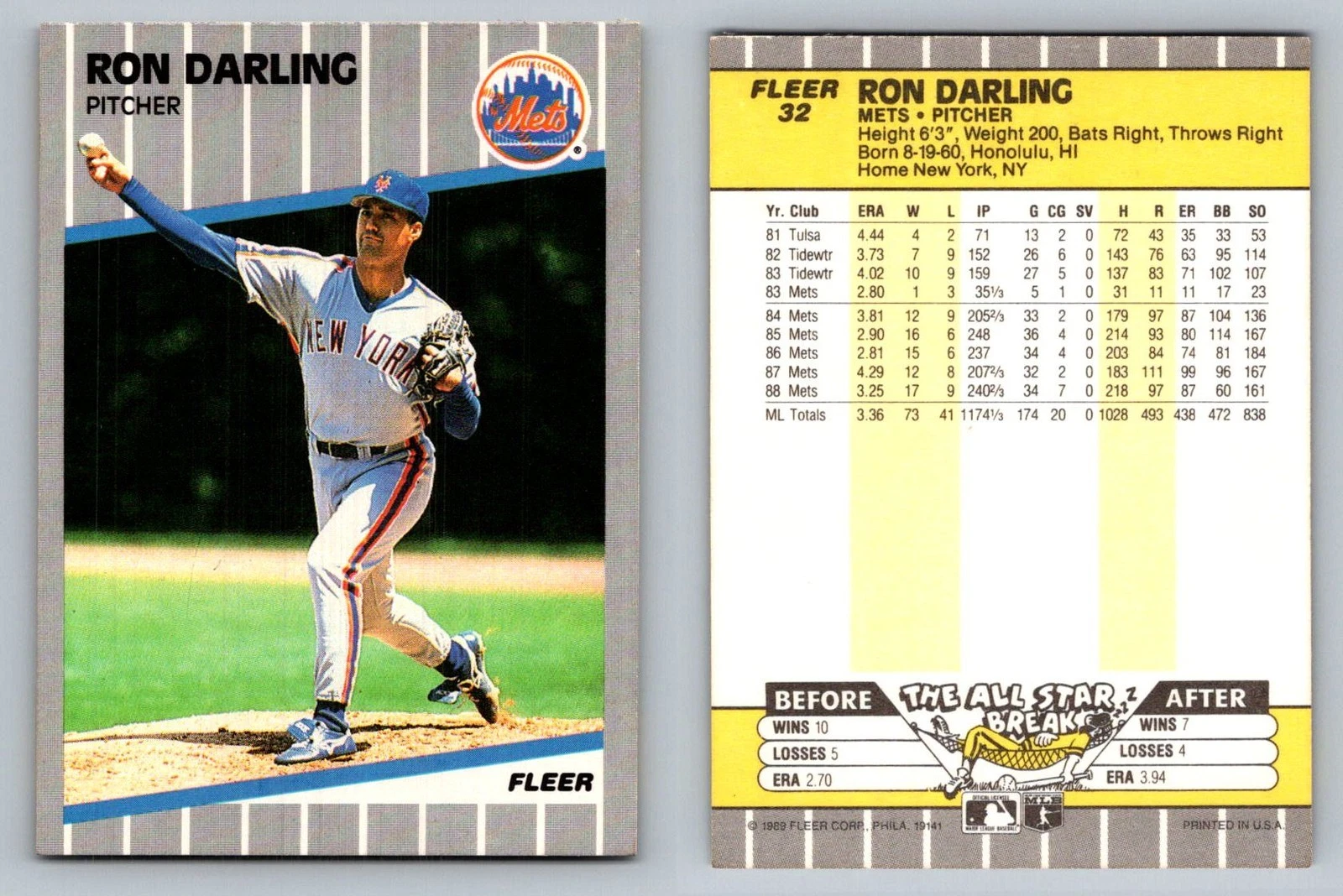 Ron Darling Pitcher New York Mets Fleer 1989 Card 32 Baseball Memorabilia
