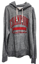 VTG Champion Physical Education Mens Hoodie Sweatshirt Large Gray Spellout Logo