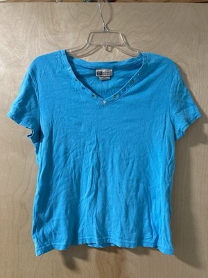 Faded Glory Aqua Blue V-Neck Short Sleeve Colorful Jeweled Top Women's Sz Large