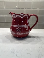Harry and David Ceramic Pitcher Red with White Raised Flowers Dots 48 oz 