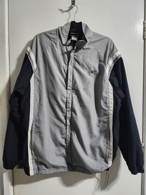 Vintage Reebok Jacke Herren Größe Large grau Windbreaker durchgehender Reißverschluss Grube zu Grube 24''