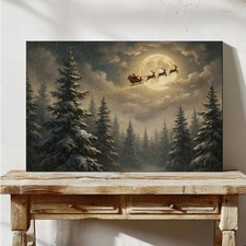 Santa Sleigh Full Moon Canvas Art Vintage Christmas Reindeer Decor