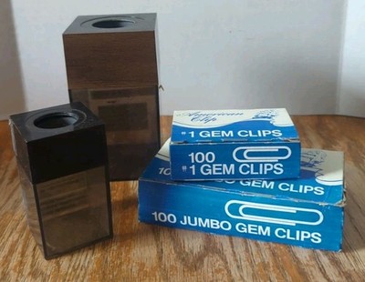 Vintage 1980s  Faux Wood Magnetic Paper Clip Dispensers & Gem Paper Clips Lot