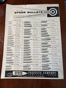 1960 Print Ad of Speer Bullet Pistol & Rifle Ammo Chart