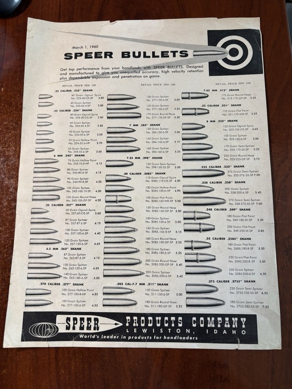 1960 Print Ad of Speer Bullet Pistol & Rifle Ammo Chart
