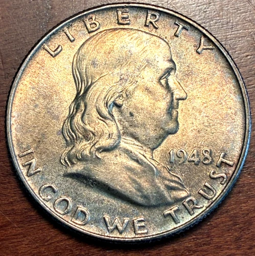 GEM BU FBL UNCIRCULATED UNC MS 1948 SILVER FRANKLIN HALF DOLLAR IRRIDECENT TONE