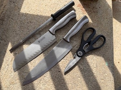 Sabitier Forged Stainless Knives  / Santoku, Chef's Knife, Scissor & Sharpner