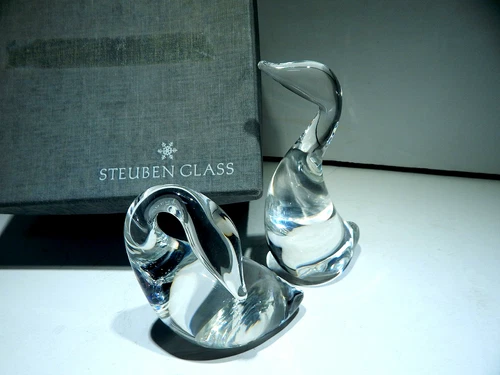 TWO STEUBEN GLASS LLOYD ATKINS  PREENING & STANDING DUCK GOOSE FIGURINES  IN BOX