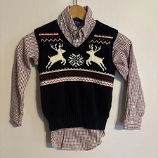 Chaps Sweater vest & Plaid Shirt boy size 5/6 Dress Up 2 Pc Set Holiday