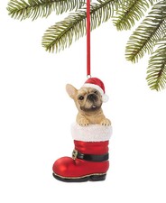 Frenchie Bulldog in Santa Boot Christmas ornament, Glass  Resin, 4.5" Tall NWT