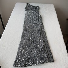 Fashion Nova Sequin Gown Womens XS Silver Good One Shoulder Side Slit Maxi Dress