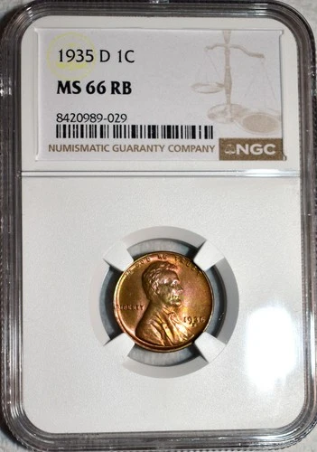 NGC MS-66 RB 1935-D Lincoln Cent, Beautiful, Iridescent Green & Violent Toning!
