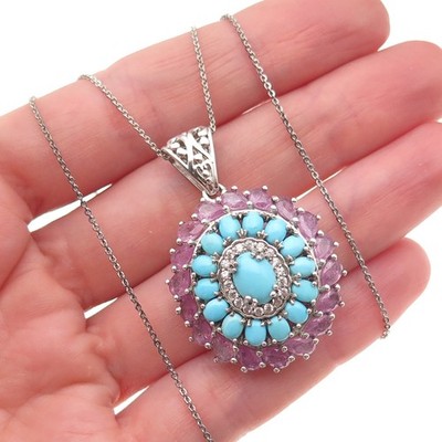 D'Joy 925 Sterling Silver Real Turquoise Ruby & White Topaz Chain Necklace 20''